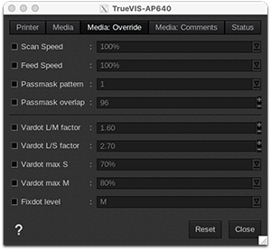 Roland TrueVIS AP-640 - Printer settings - Media Override.png