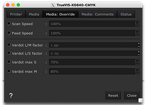 Roland TrueVIS XG640 - Printer settings - media override tab.png
