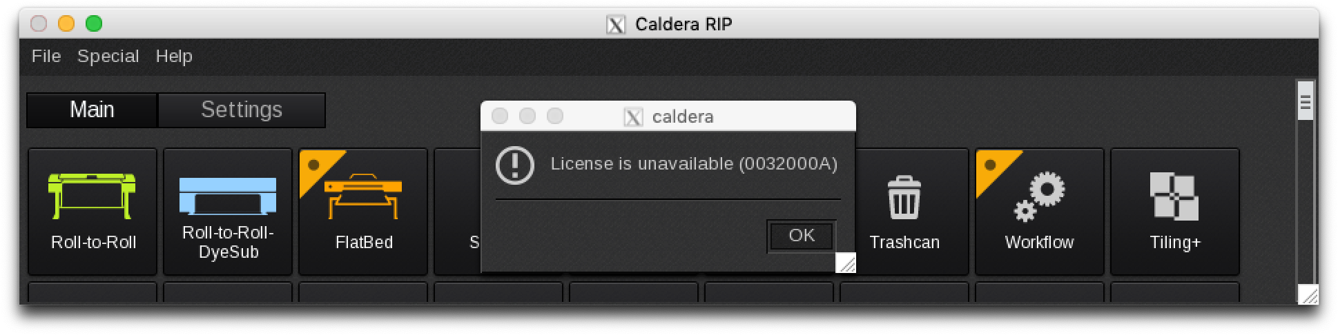 CalderaRIP, main interface, license error 0032000A.png