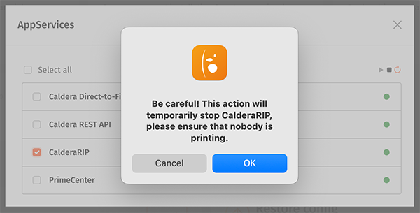 CalderaDock V4, tools tab, services restart warning.png