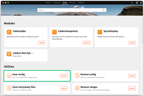 CalderaDock V4, tools tab, saveconfig launch.png