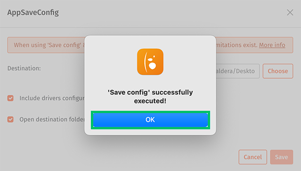 CalderaDock, tools tab, saveconfig success.png