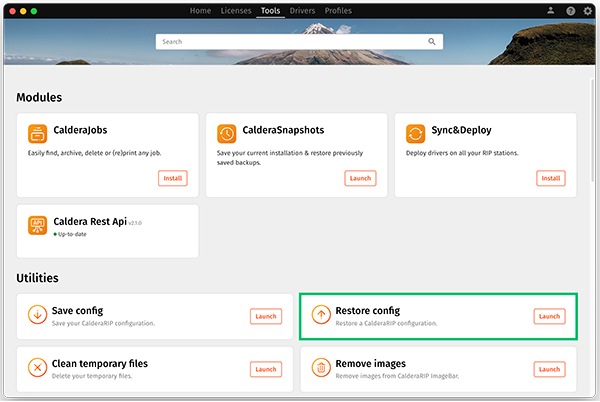 CalderaDock, tools tab, restore config launch.png