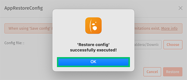 CalderaDock, tools tab, restore config success.png