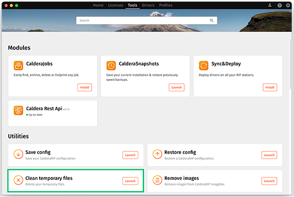 CalderaDock, tools tab, clean temp files launch.png