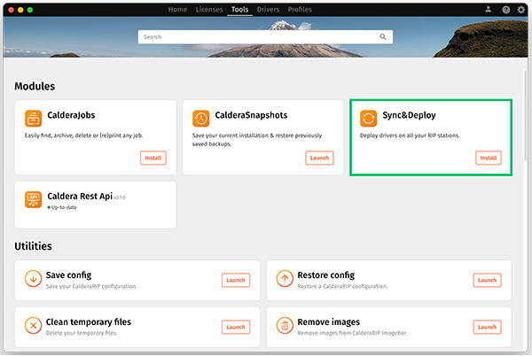 CalderaDock, tools tab, Sync and Deploy.png