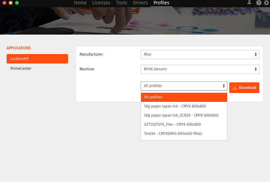 CalderaDock, profiles tab, profile selection.png