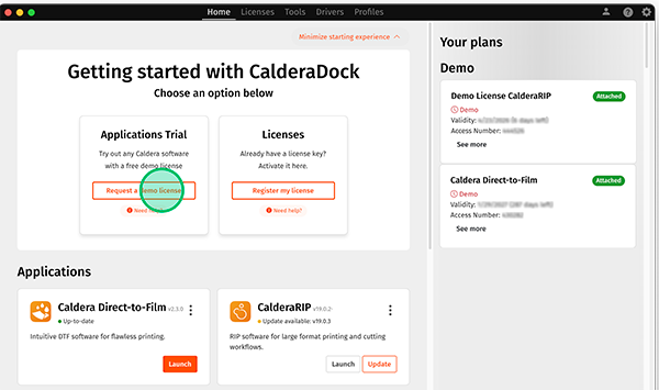 CalderaDock V4, Home tab, request demo.png