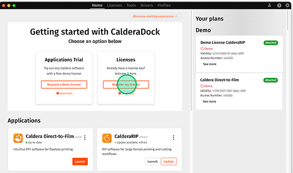 CalderaDock V4, Home tab, activate license.png