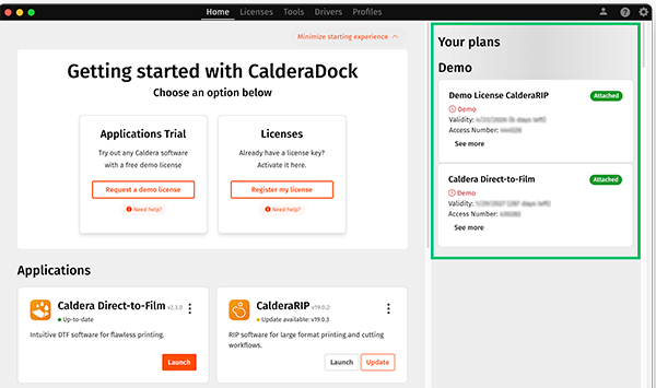 CalderaDock V4, Home tab, your plans.png