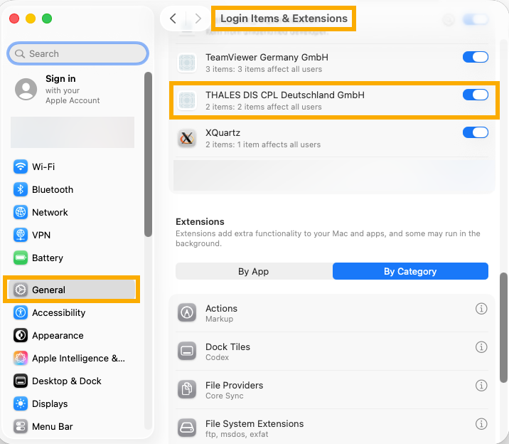 macos tahoe, general, login items, thales enabled.png