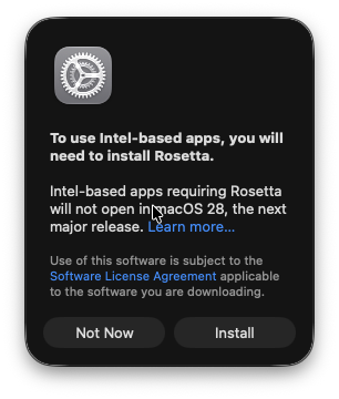 macOS message requesting installation of Rosetta